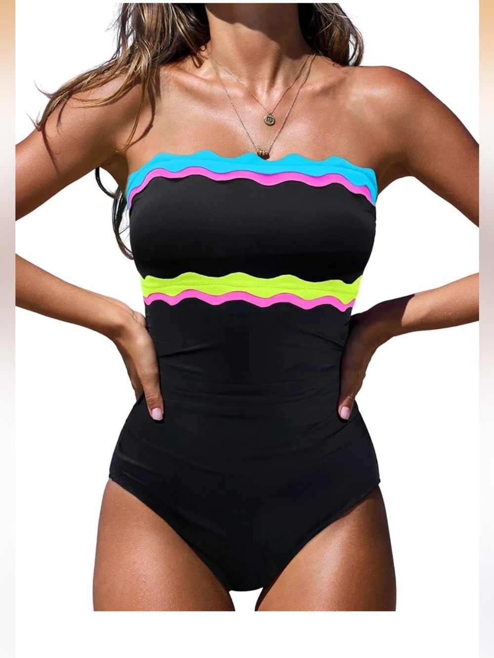 popvil One Piece Swimsuits Tummy Control Strapless Bathing Suit Neon Bandeau nwt